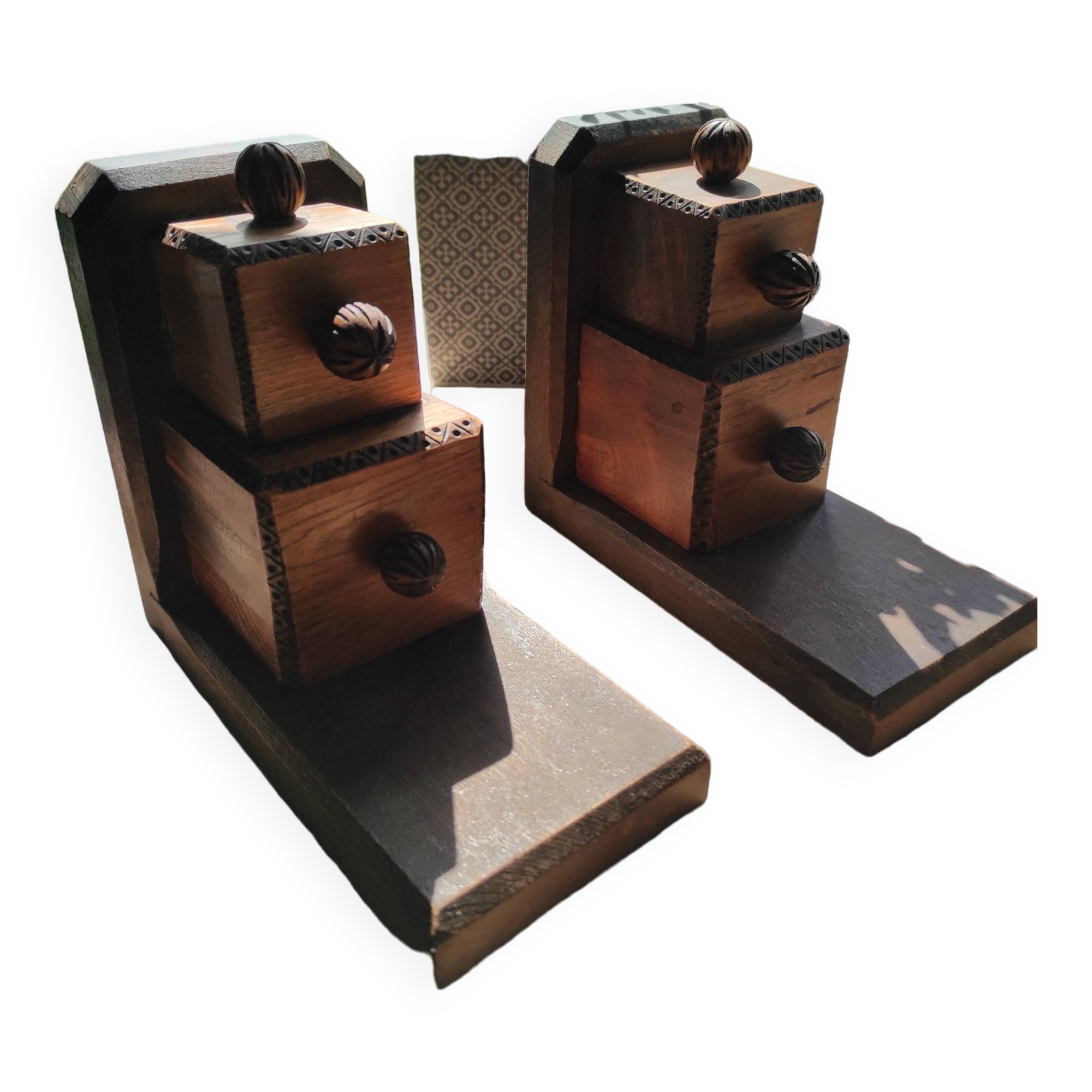 Set of 2 vintage wooden cube and olive bookends