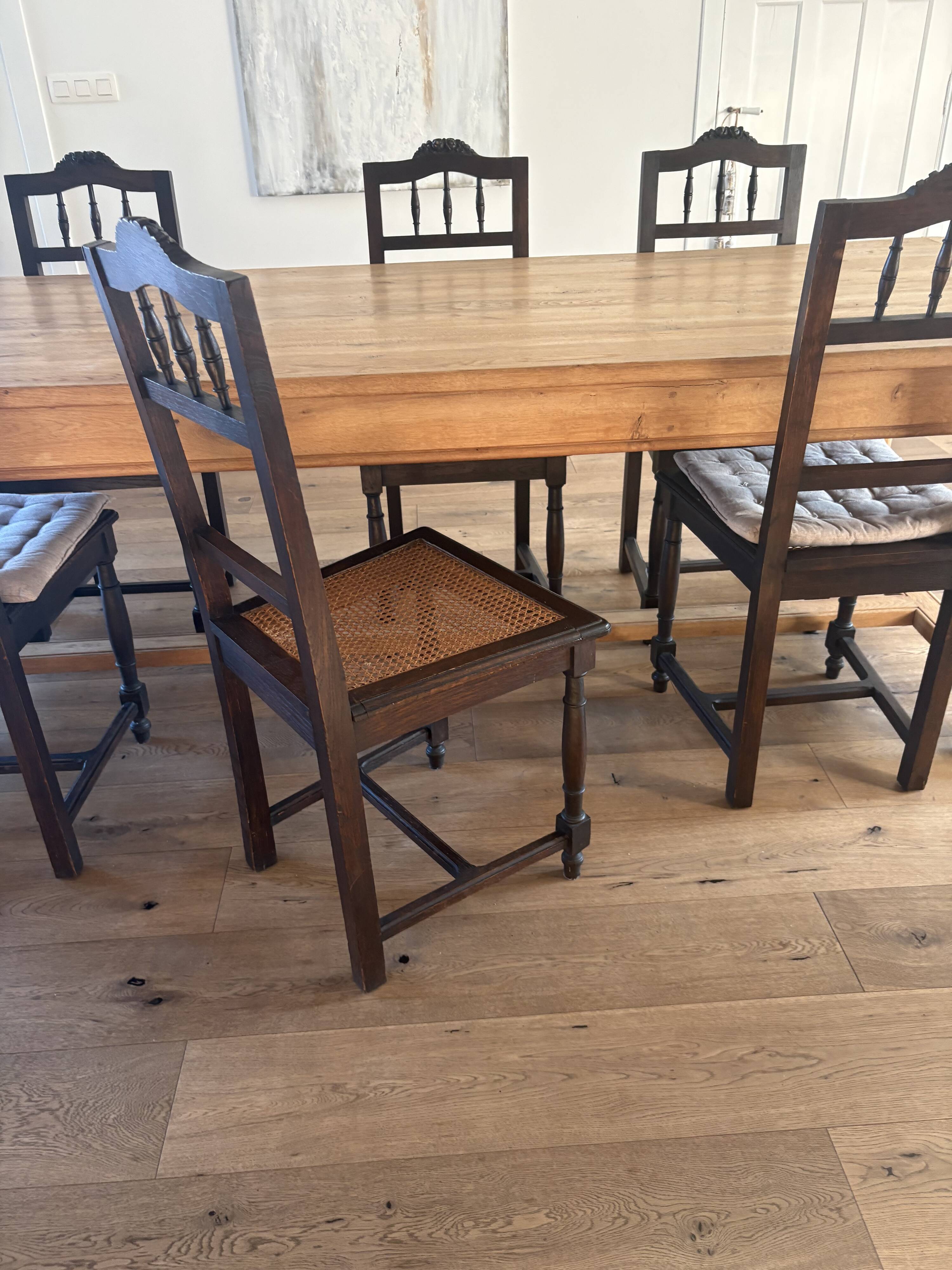 Lot of 4 solid oak chairs with caning in the Henri II style.