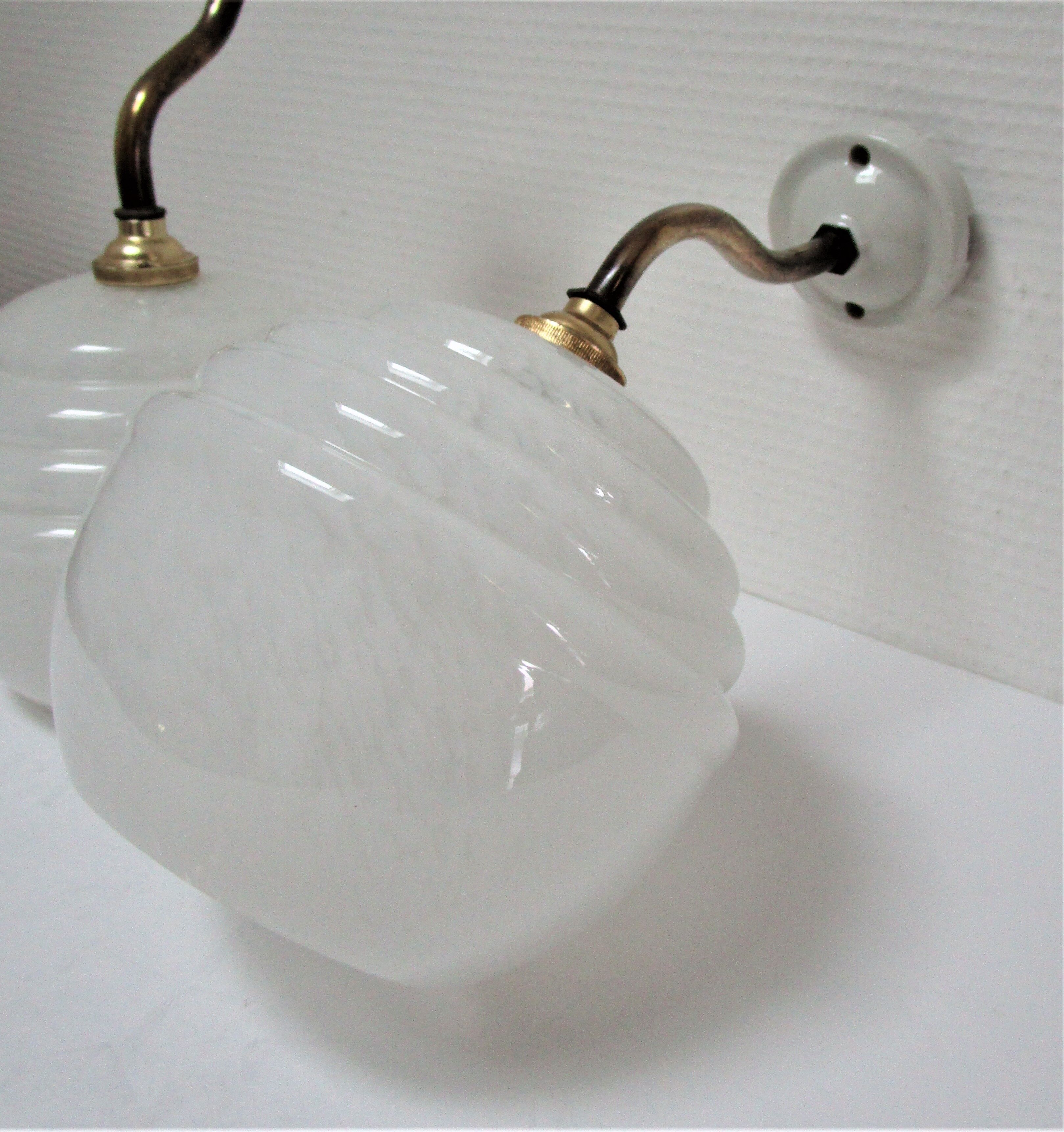 Pair of porcelain sconces brass glass of clchy white art deco