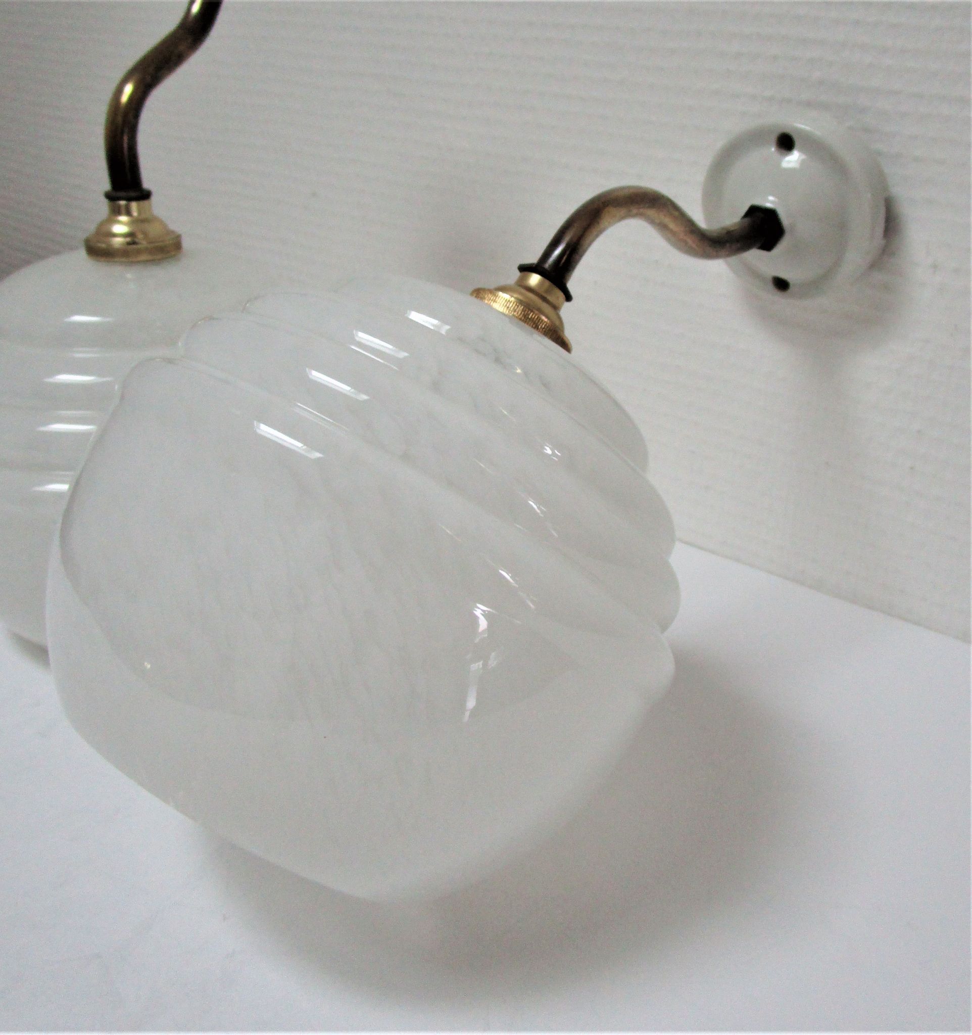 Pair of porcelain sconces brass glass of clchy white art deco