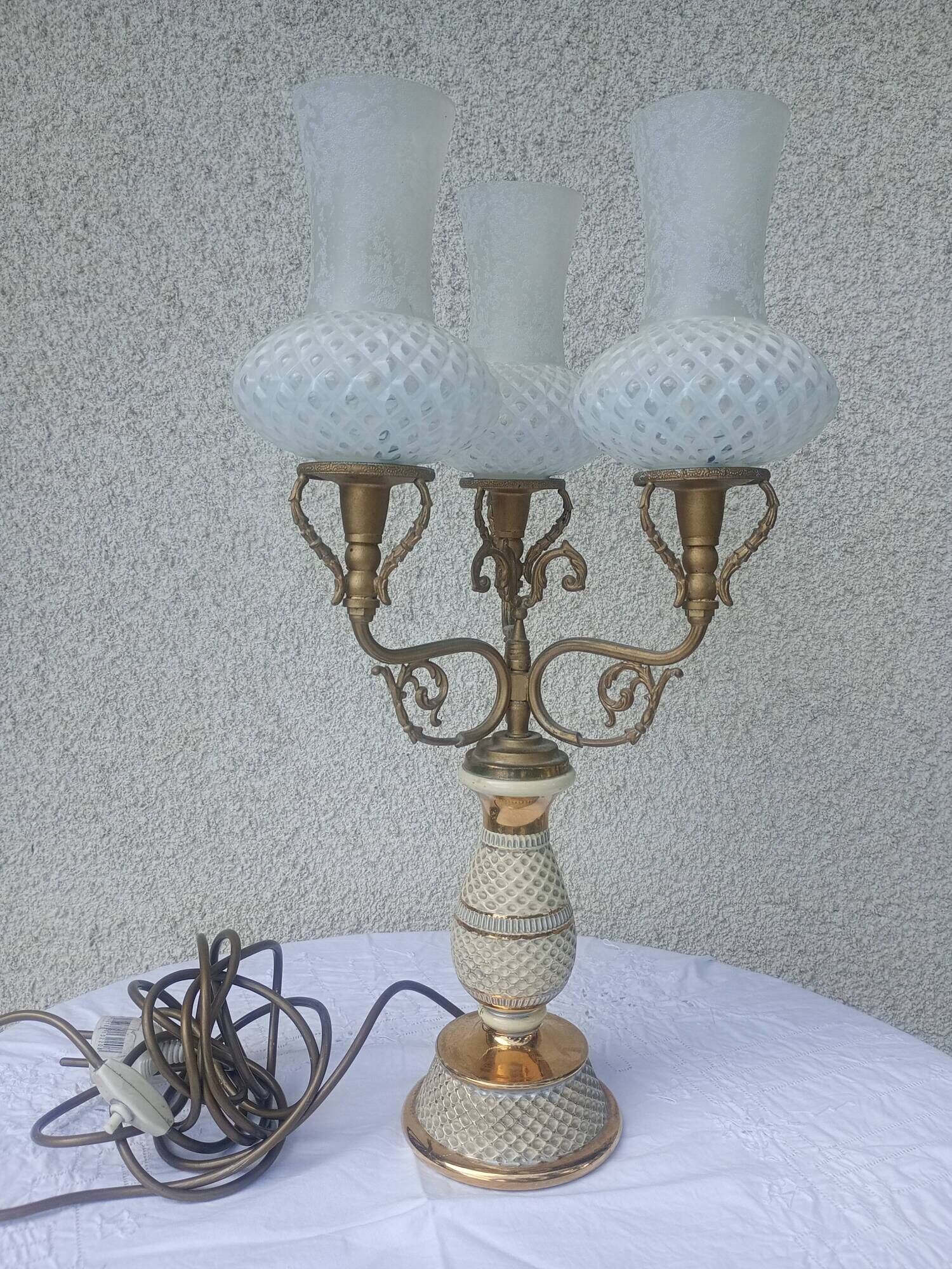 Florentine Italy ceramics - 3 arms of golden metal light - glass tulip