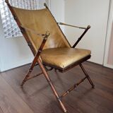 Vintage Faux bamboo, leather campaign folding chair by Maison Jansen, 1950s