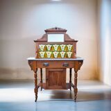 Antique Art Nouveau Dressing Table with Marble Top and Floral Ceramic Tiles