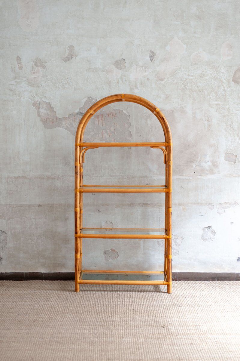 Vintage bamboo arch bookshelf, 1970s