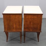 Pair of mid-century Italian walnut nightstands with glass top, 1950s
