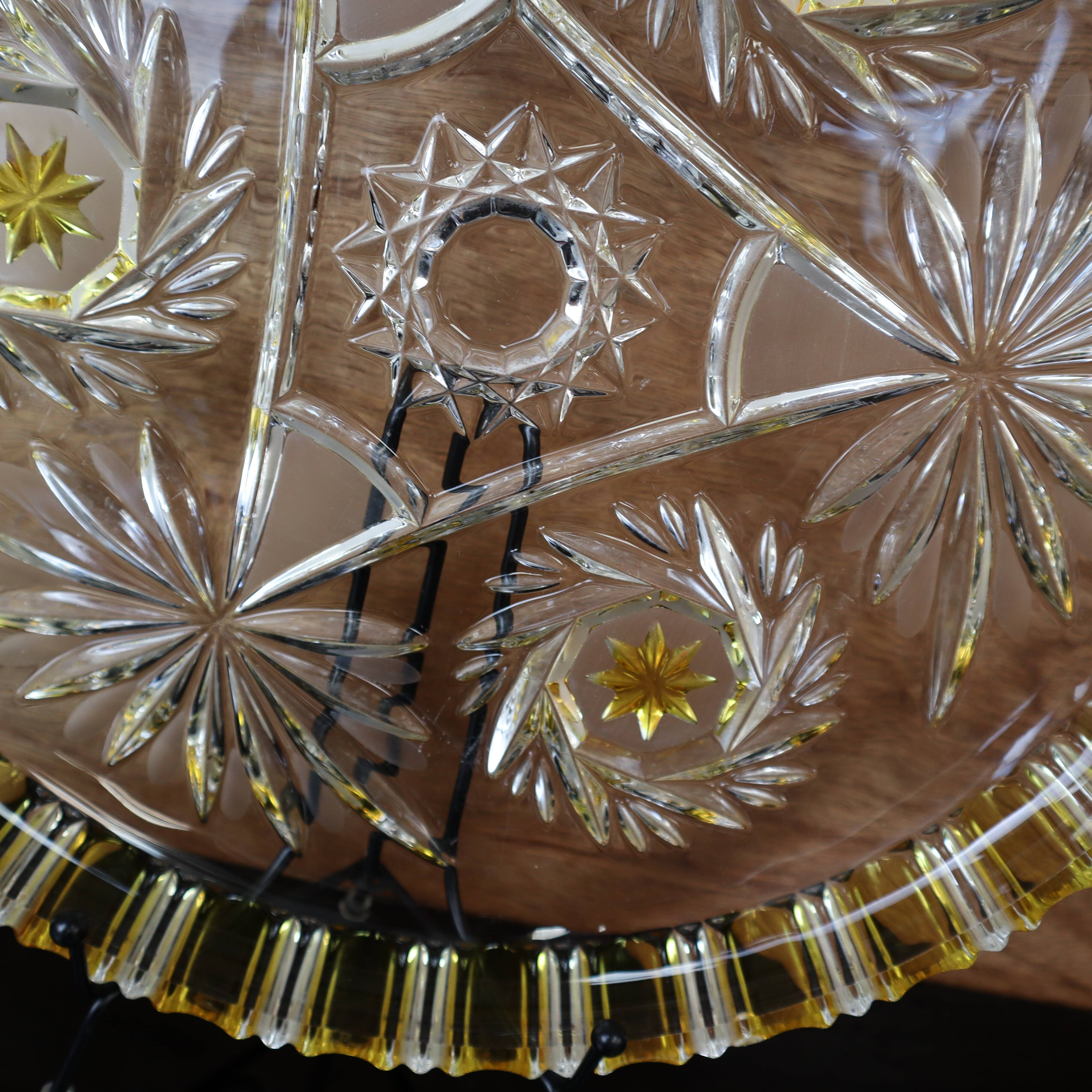 Walther Glas Bohemian crystal dish with yellow and flower pattern