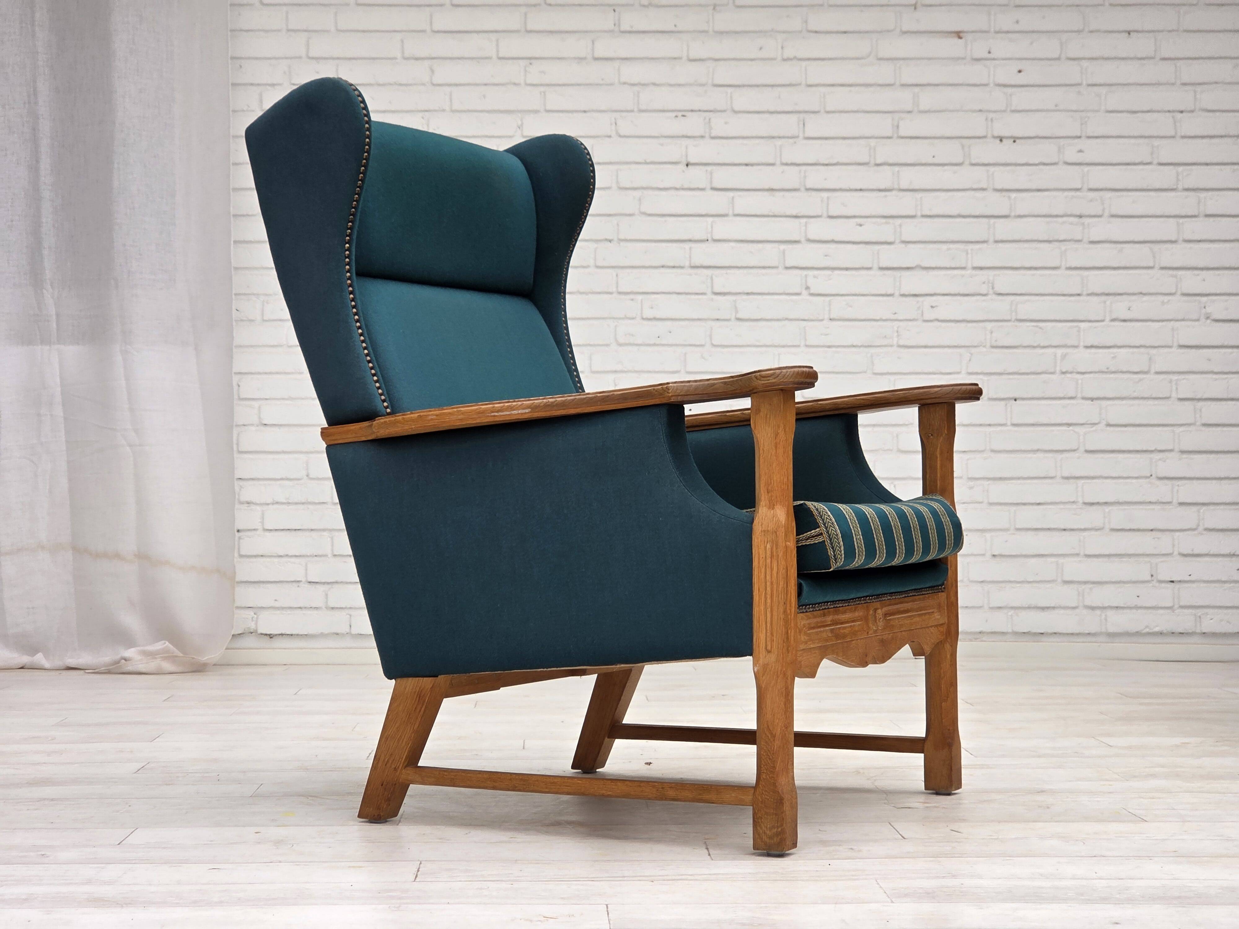 1970s, Danish highback armchair, furniture wool, solid oak wood.