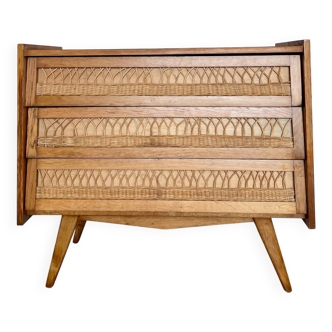 Vintage wooden and rattan chest of drawers