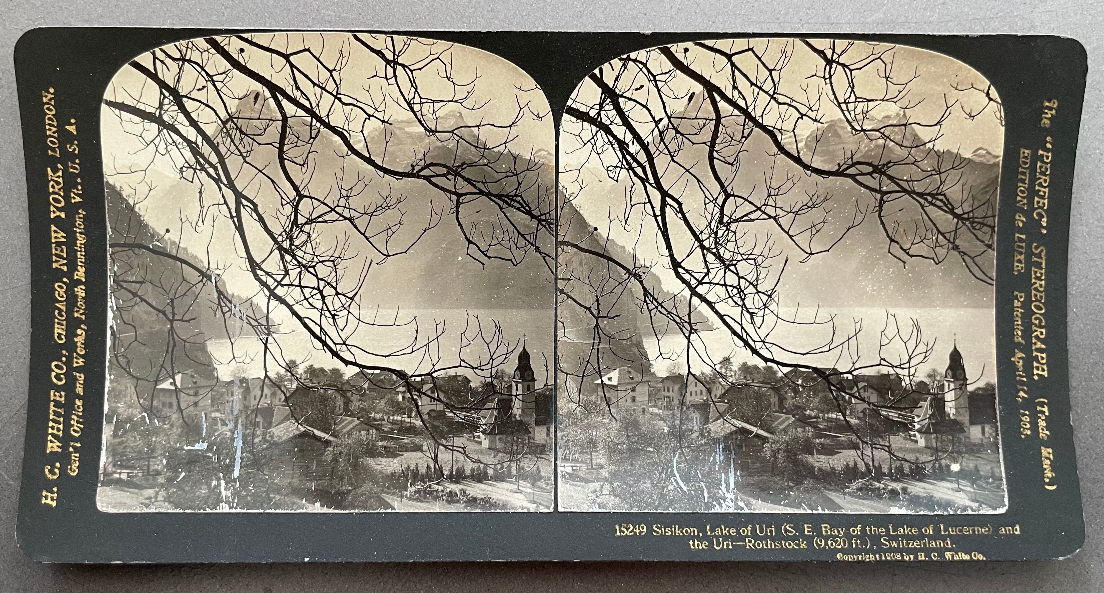 Old photography stereo, stereograph, luxury albumine 1903 Lake Lucerne, Switzerland