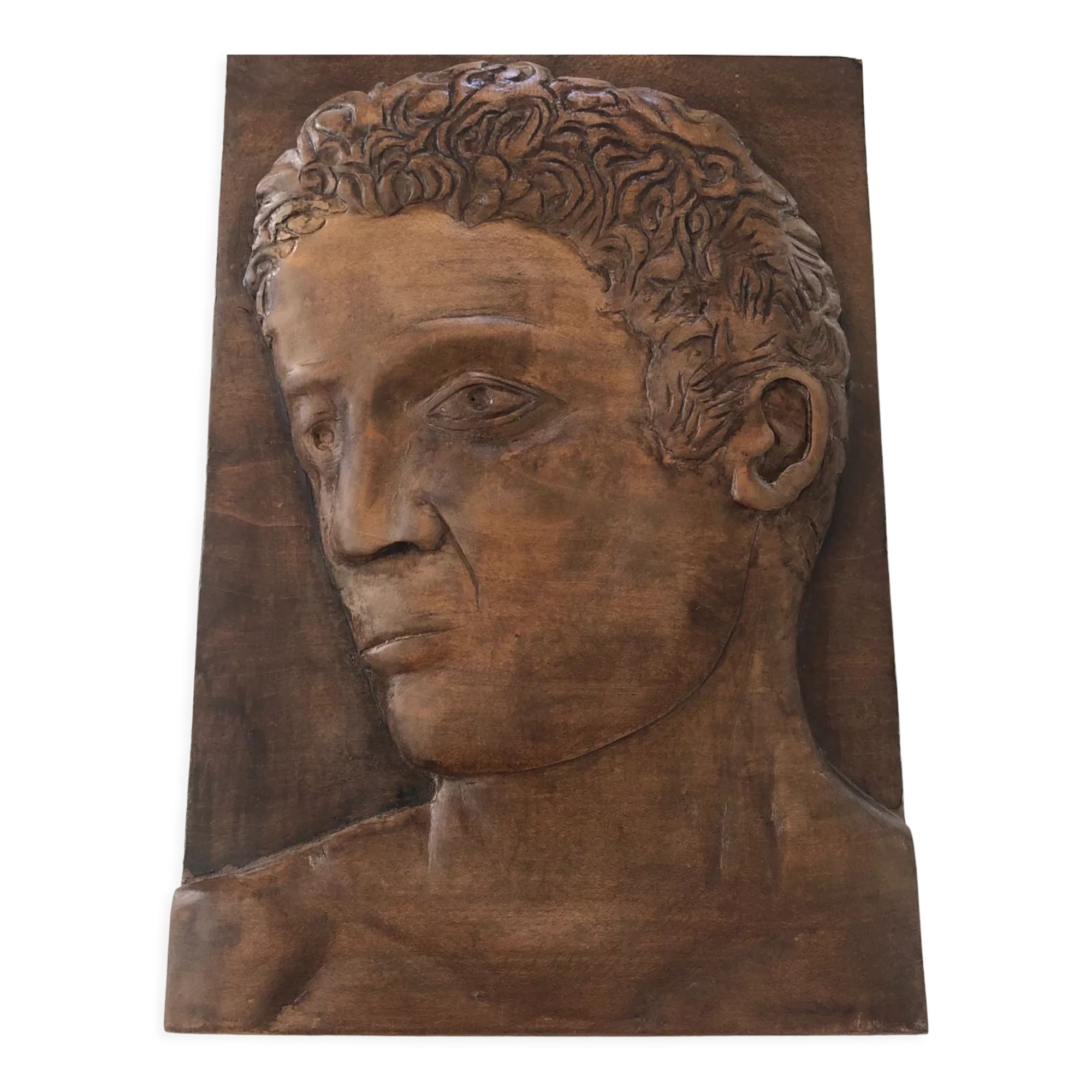 Wood carving profile man signed