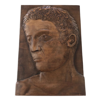 Wood carving profile man signed