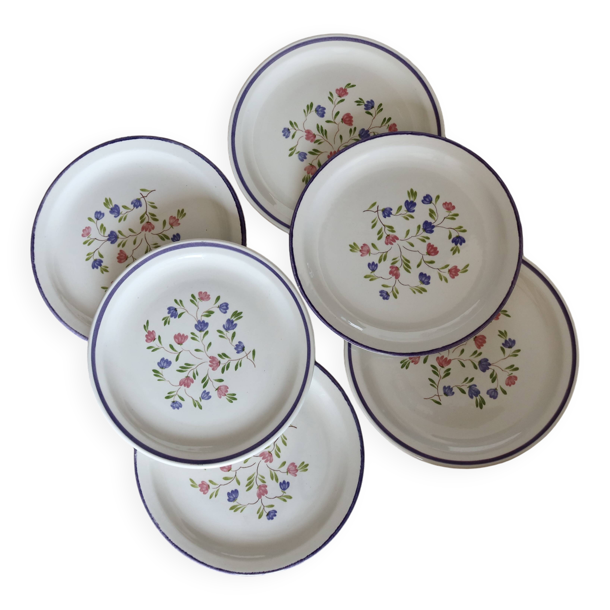 6 vintage porcelain dessert plates Moulin des Loups lilac floral pattern