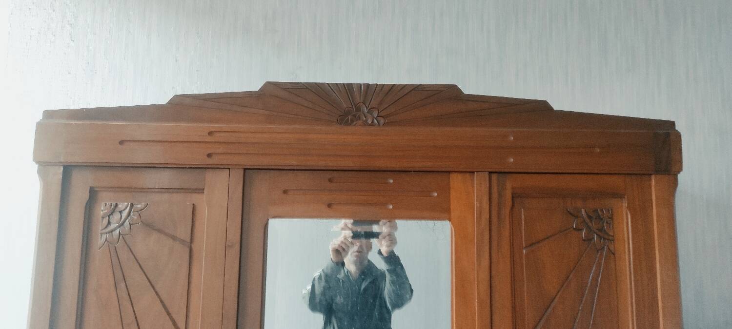 Old art nouveau 3-door wardrobe with mercury mirror