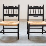 2 low bedroom chairs in hand-woven rice straw, 1950s/1960s