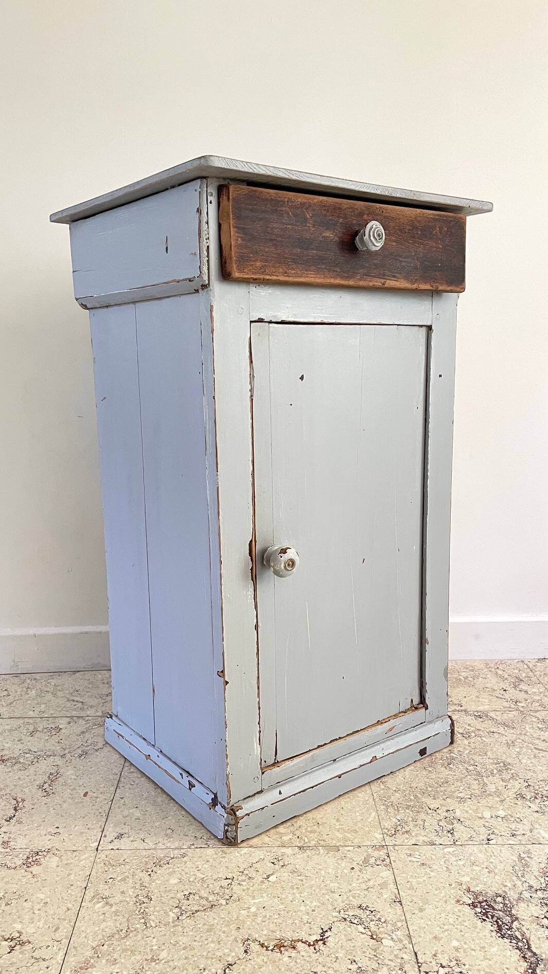 Antique Bedside Table in Weathered Grey Wood