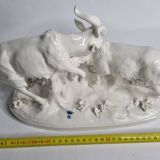 Saxon porcelain group, two fighting goats, signed Röhle, 1900