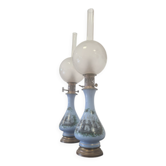 pair of oil lamps in opaline decorated 66x18