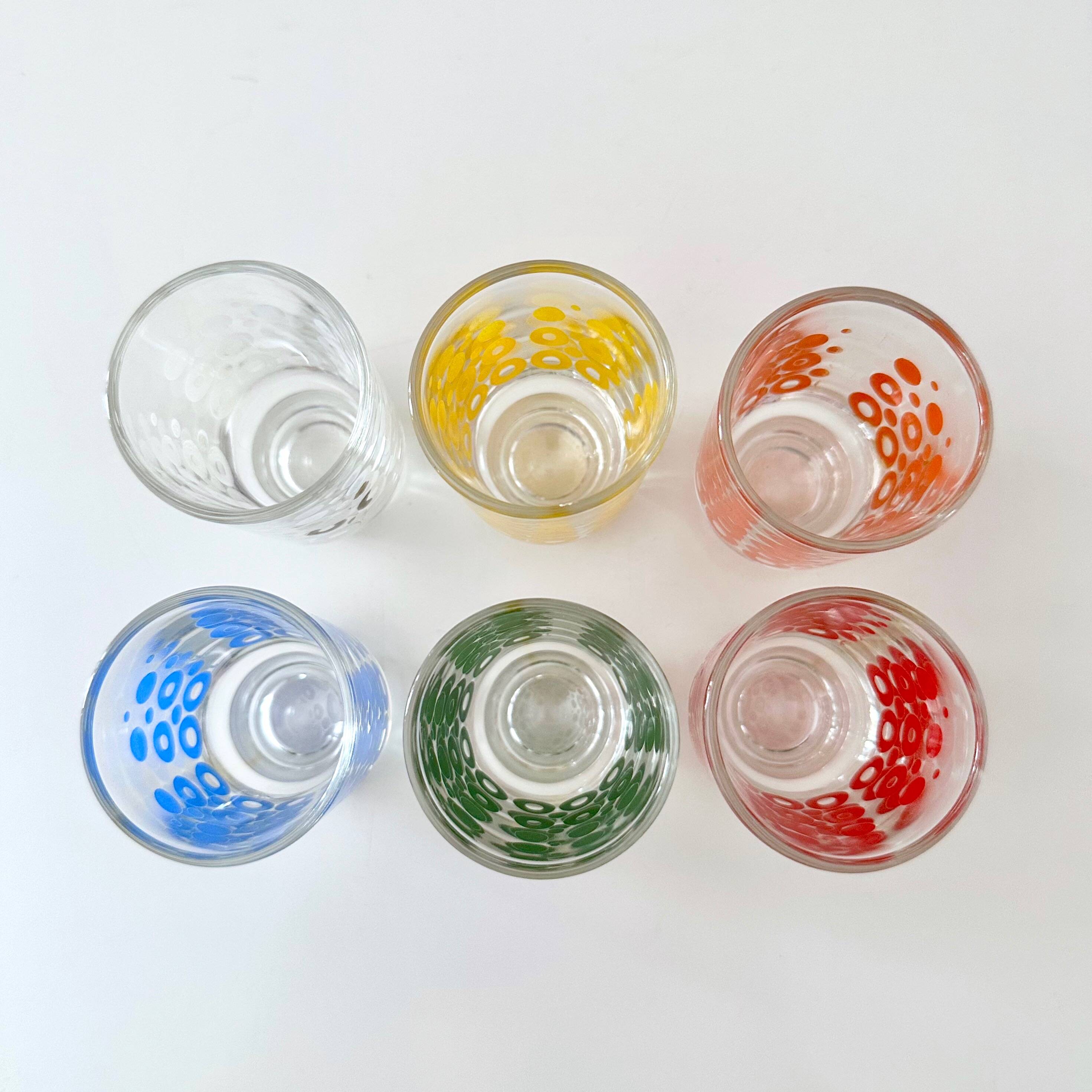 6 colourful vintage glasses, shot glasses Glashütte, 70's