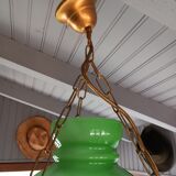 Old green opaline chandelier, gold metal and earthenware