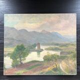 Old lake and mountain landscape painting