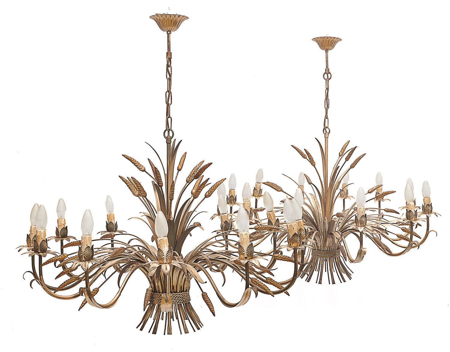 Pair of 12-burner wheat sheaf chandeliers by Hans Kogl