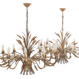 Pair of 12-burner wheat sheaf chandeliers by Hans Kogl