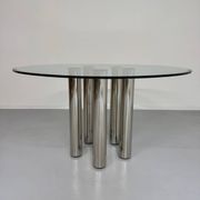 Round glass and metal dining table, Italian design from the 80s, vintage