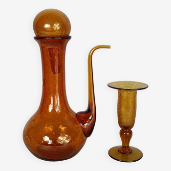 Vase & carafe Biot verre soufflé bullé signé vintage 1960/70 B922