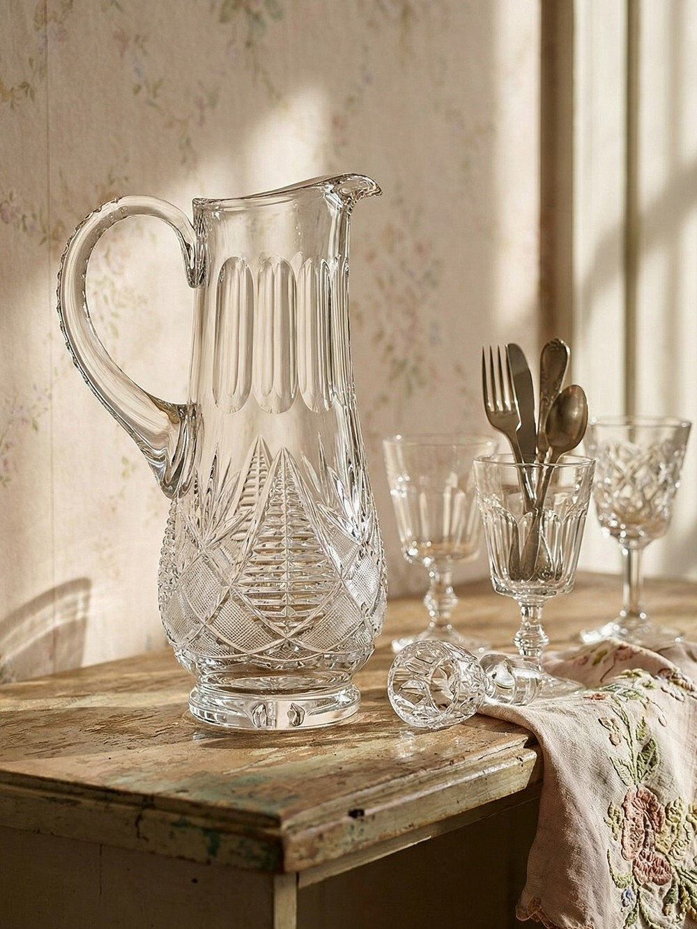 Large cut crystal water pitcher, European crystal makers 20th century