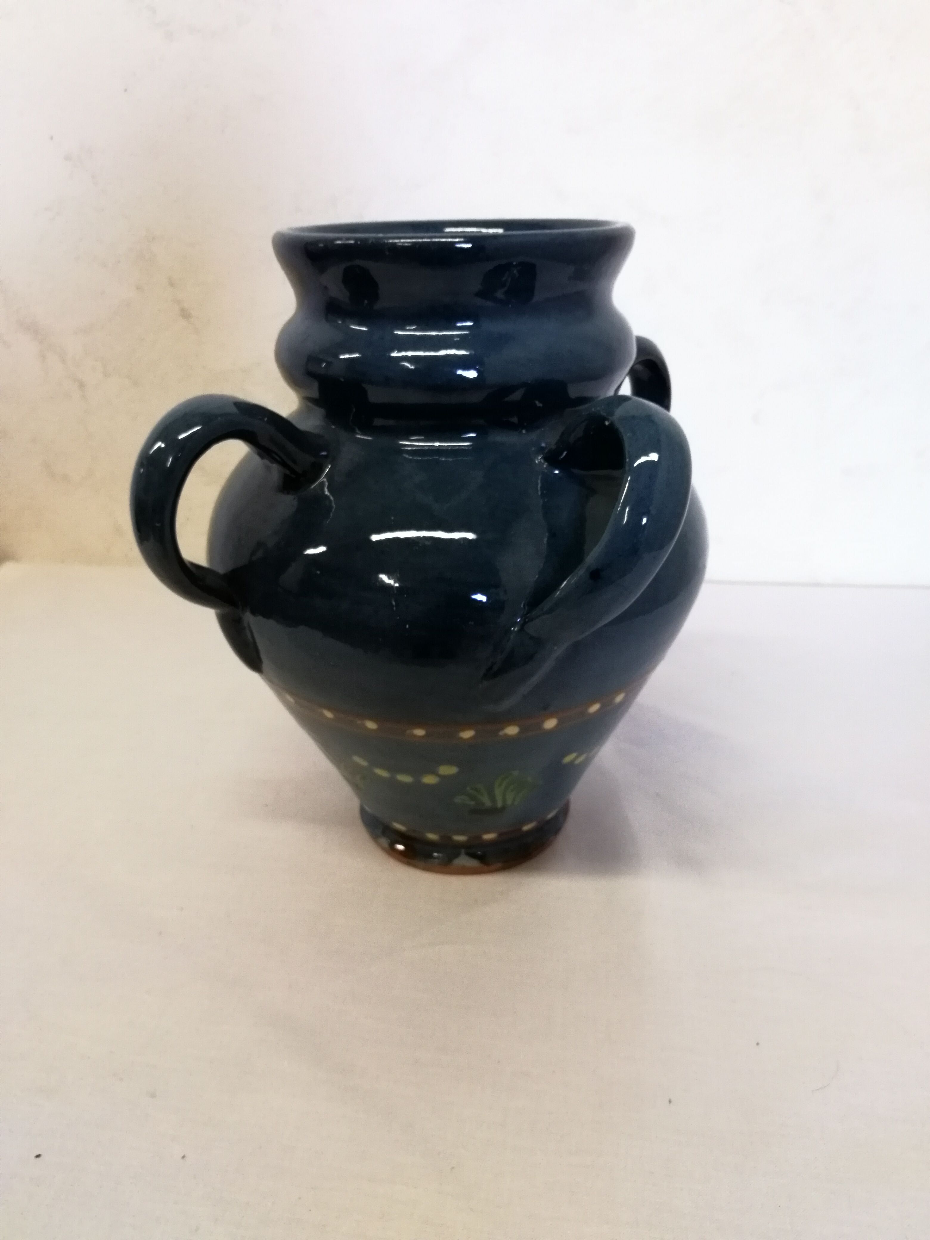 Vase,varnished stoneware pot with 4 handles