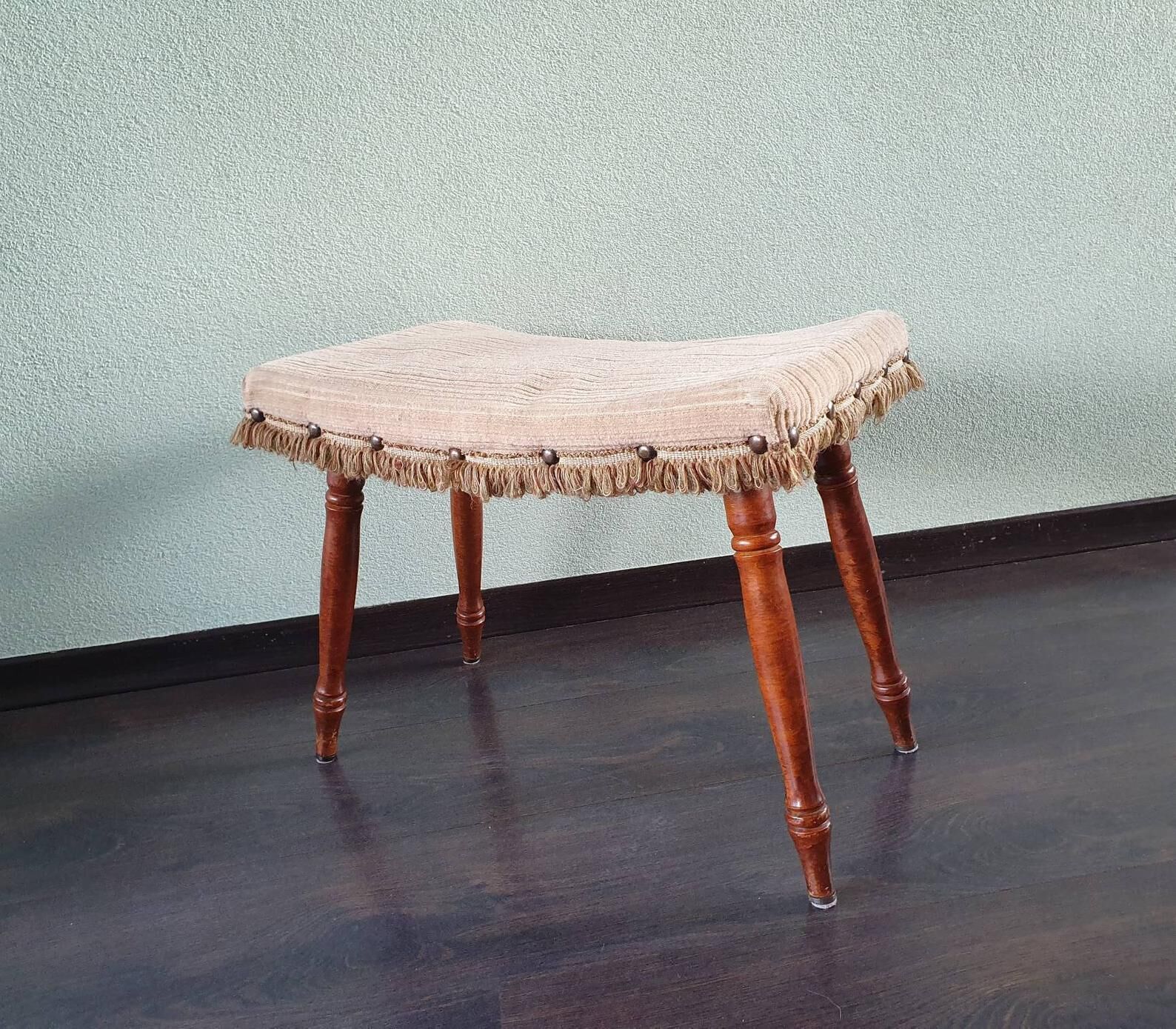 Vintage wooden footrest with 1970 fringed fabric coating