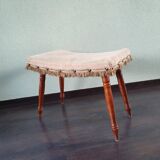 Vintage wooden footrest with 1970 fringed fabric coating