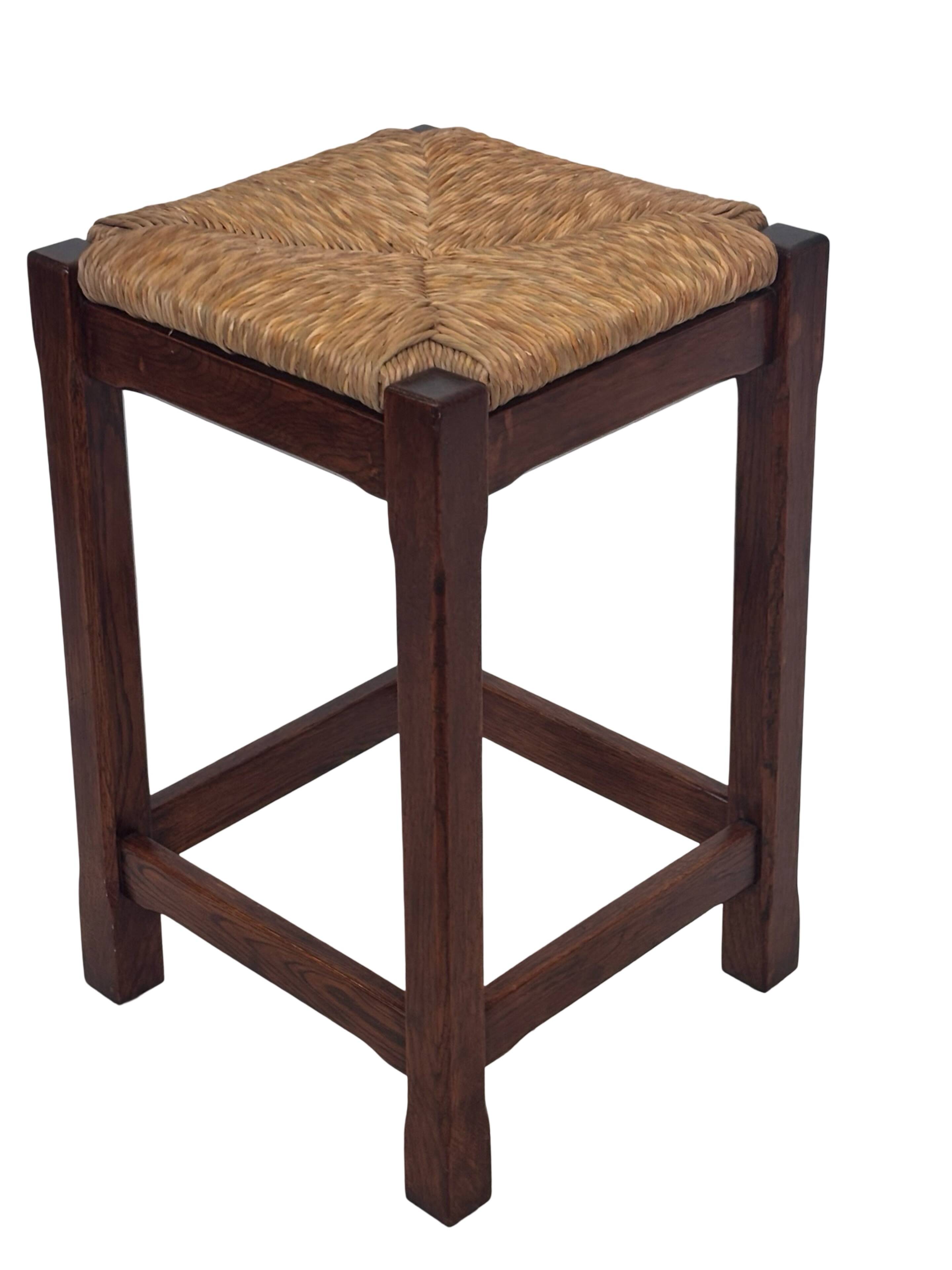 Vintage rattan stool with oak, 60s wabi sabi design, minimalist