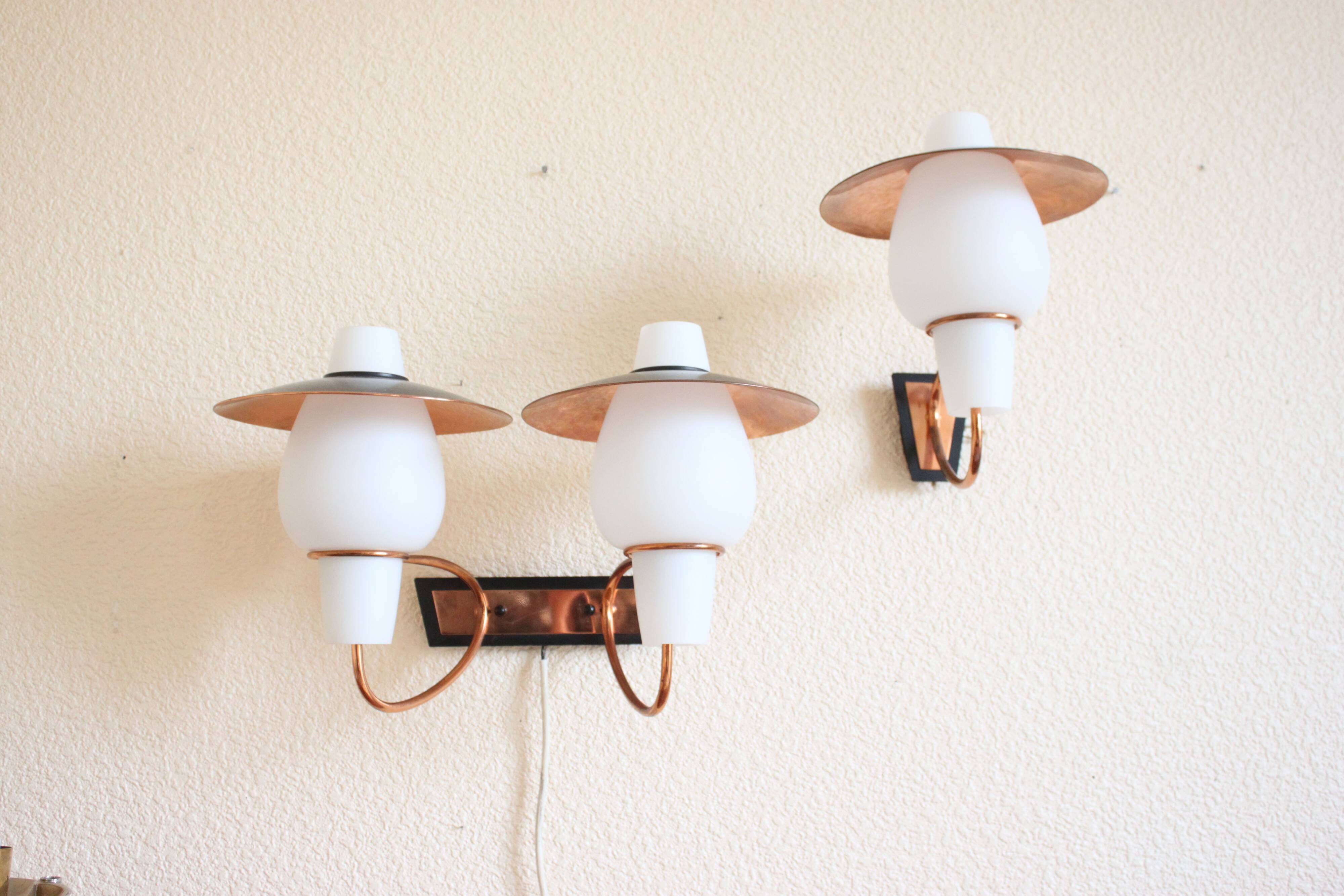 2 wall lamps from the 60s, modernist, copper and opaline