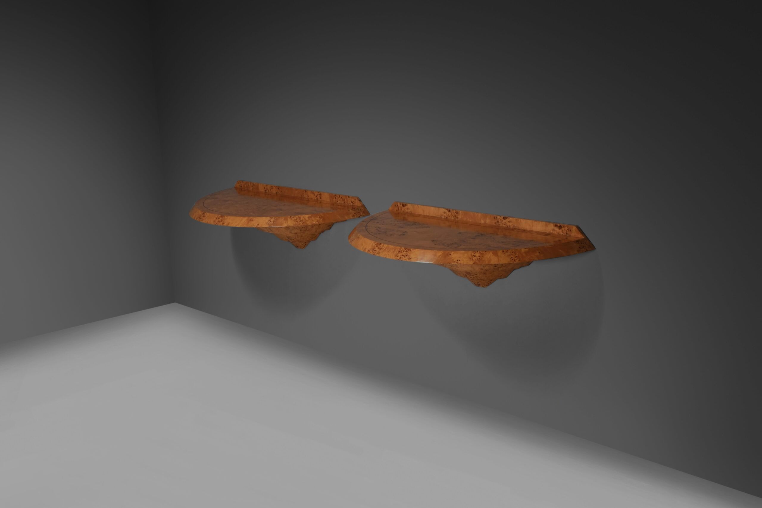 Elegant pair of Art Deco consoles in burl wood