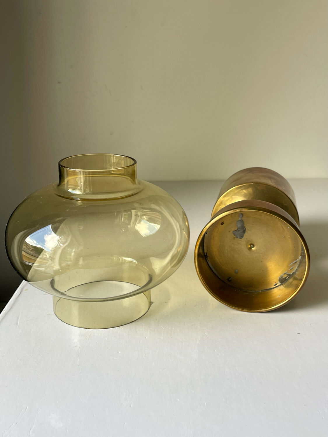Danish design 1960 hurricane candleholder in brass and amber colored glass