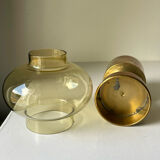 Danish design 1960 hurricane candleholder in brass and amber colored glass