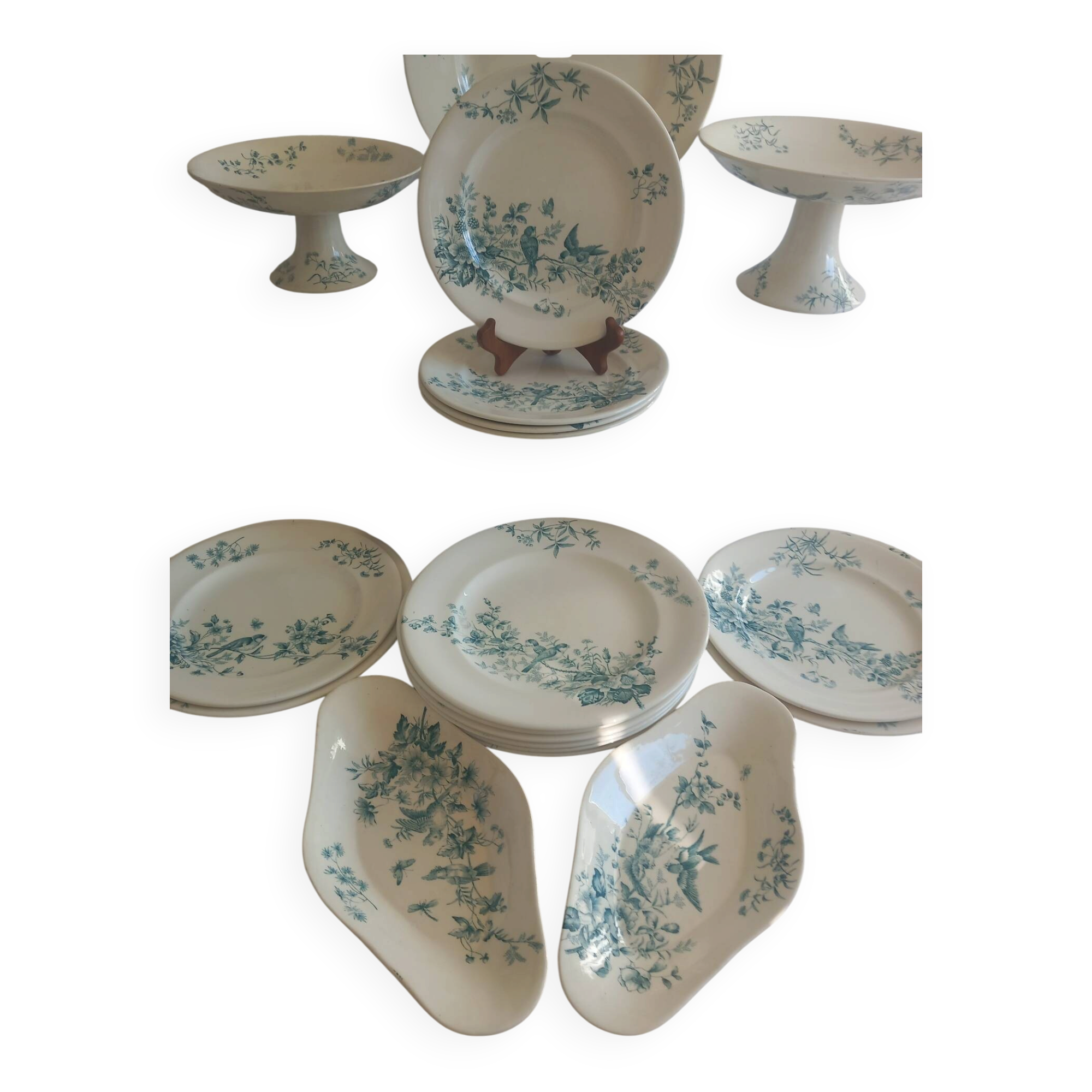 Antique 19th Century French Longwy Mignon Ironstone Dinner Service – Blue Green