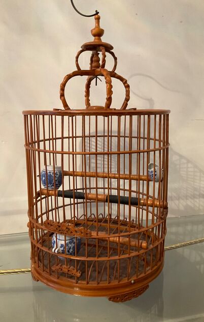 Ancienne cage à oiseaux en bois et rotin