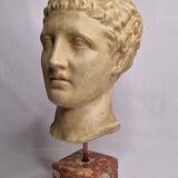 Bust of Hermes in patinated plaster on brown marble base, 34 cm