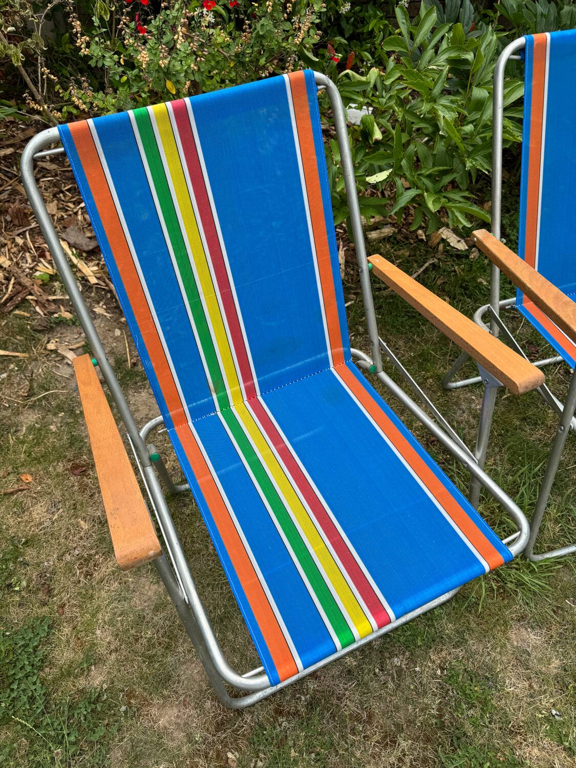 Pair of vintage nylon canvas folding garden armchairs