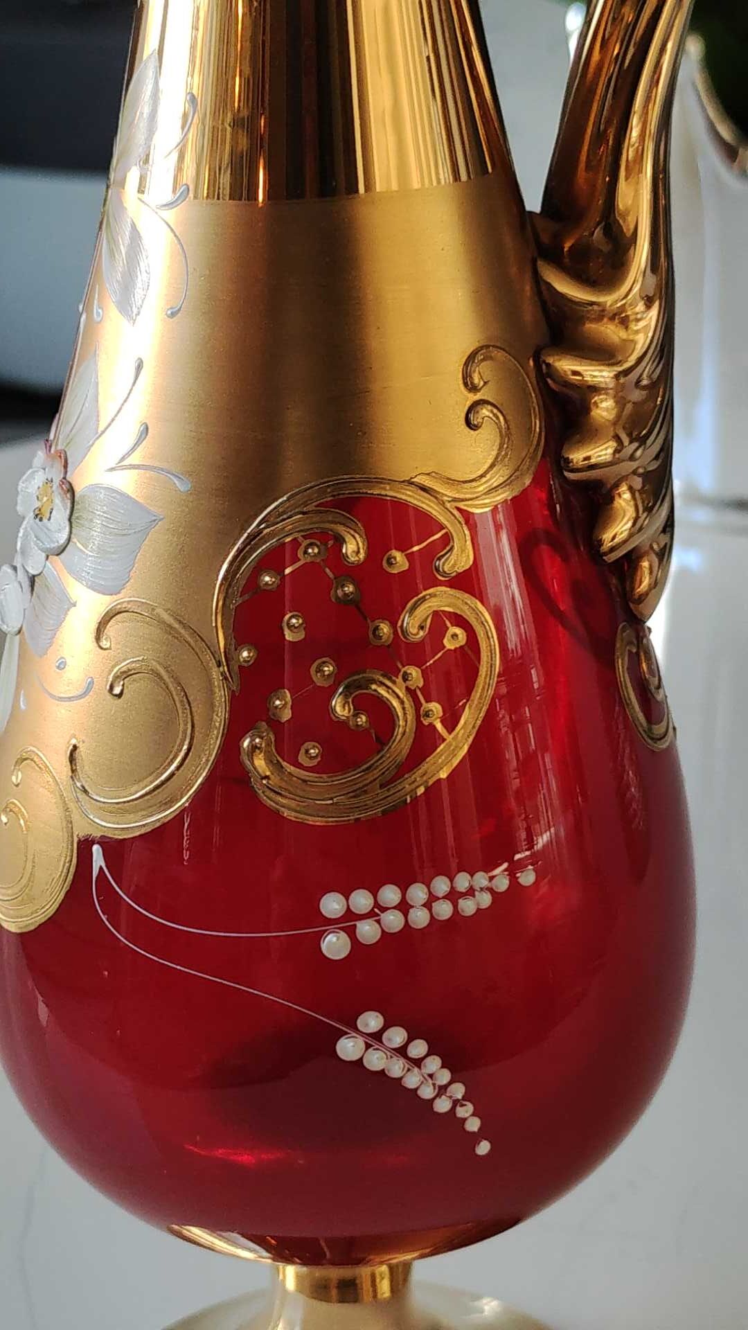 Vase/Ewer in blown Murano Art Glass/Trefuochi model, in ruby red & gold colours