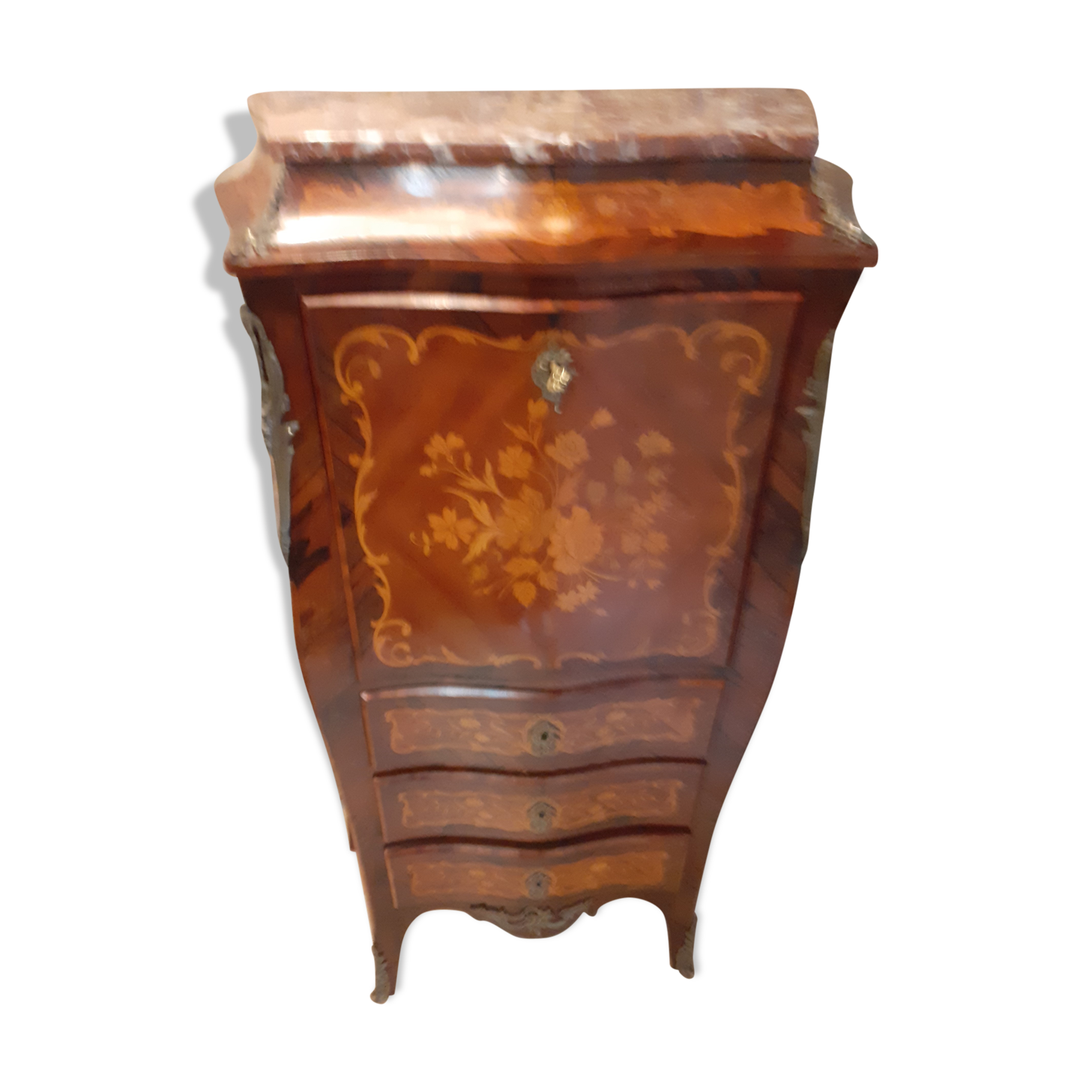 Louis XV-style lady secretary, in rosewood veneer flower decoration.