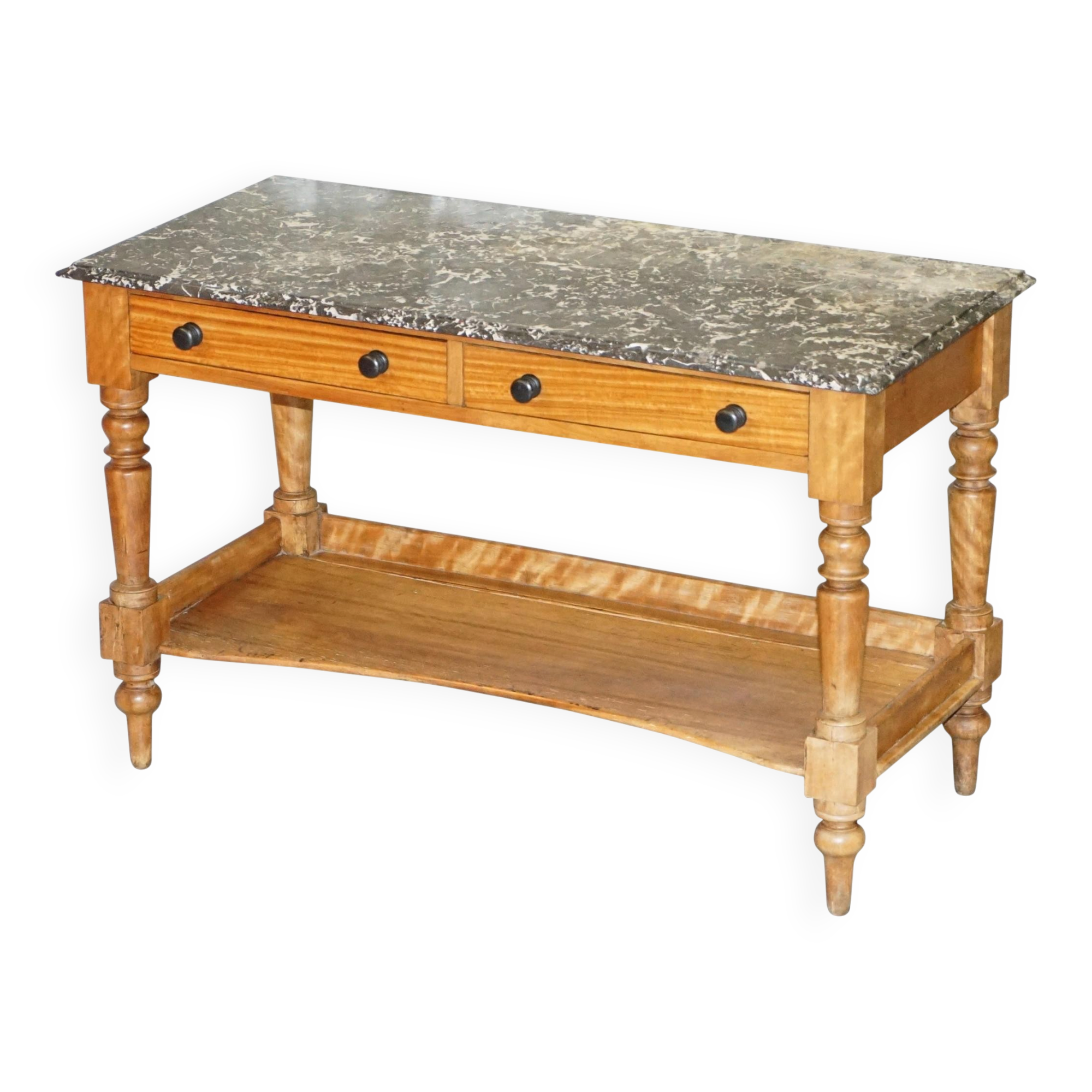 Victorian writing desk or console from 1880 in satin wood and marble.