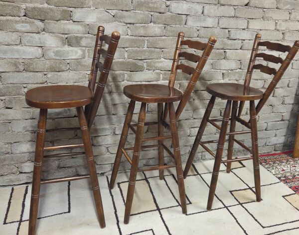 3 chaises hautes de bar vintage en bois  années 60/70 esprit bistrot