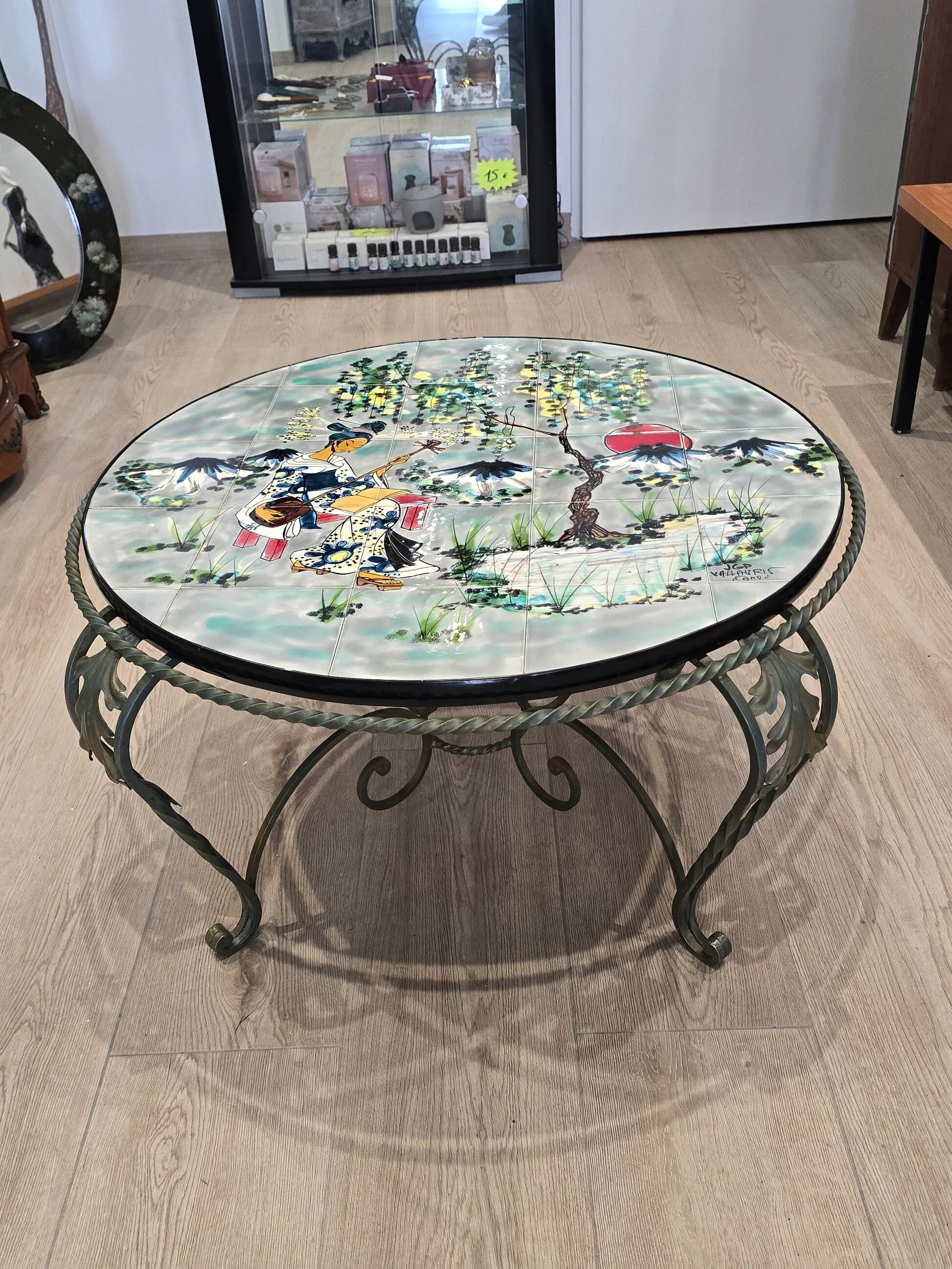Vintage coffee table J&G Picard Vallauris – Glazed ceramic top with Japonese-style decoration