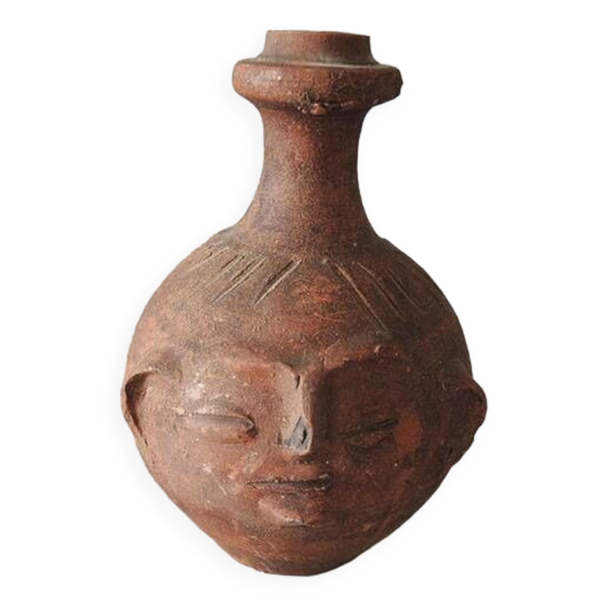 Old anthropomorphic terracotta vase pitcher