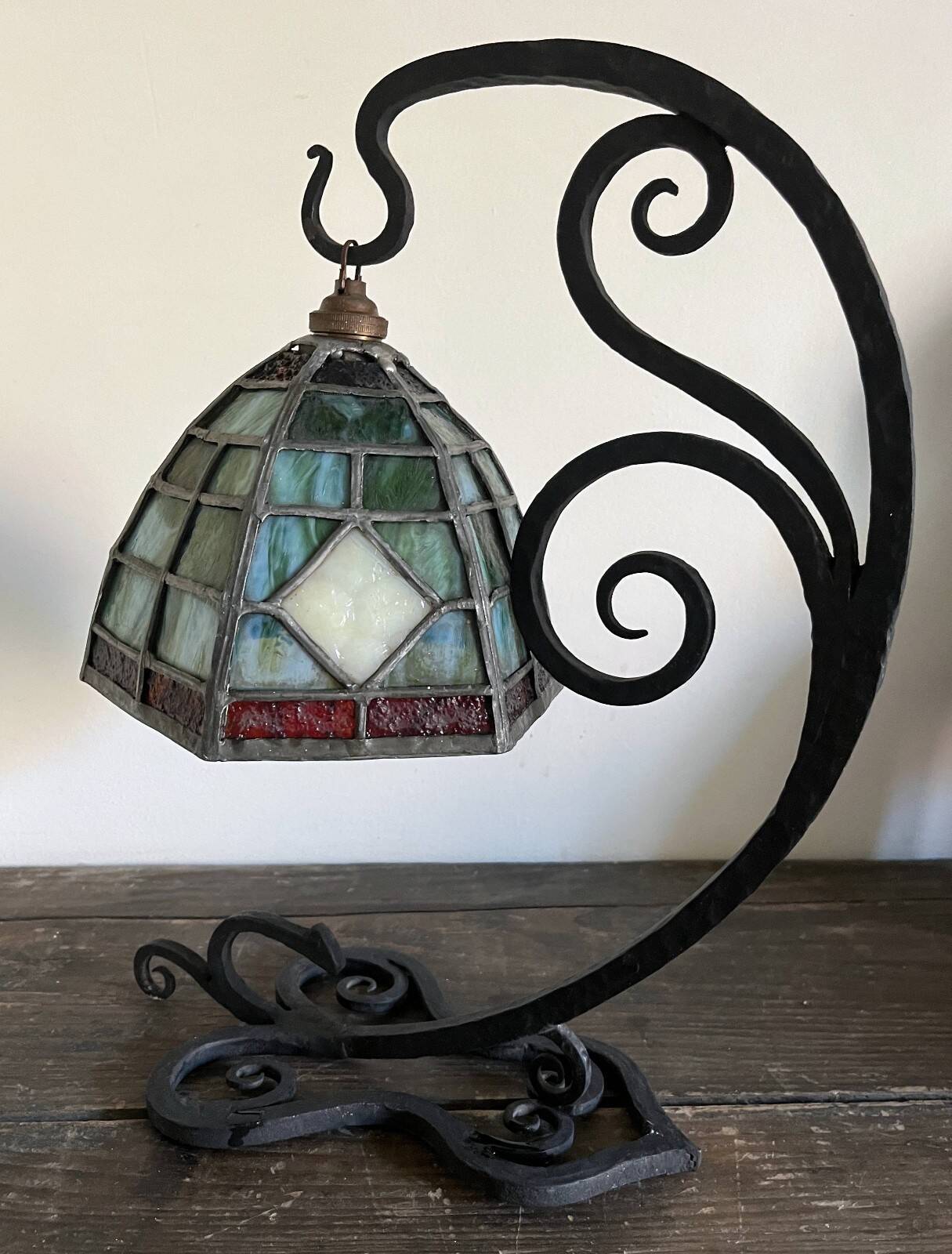 Antique Arts & Crafts Lamp cf. Tiffany Wrought iron and stained glass
