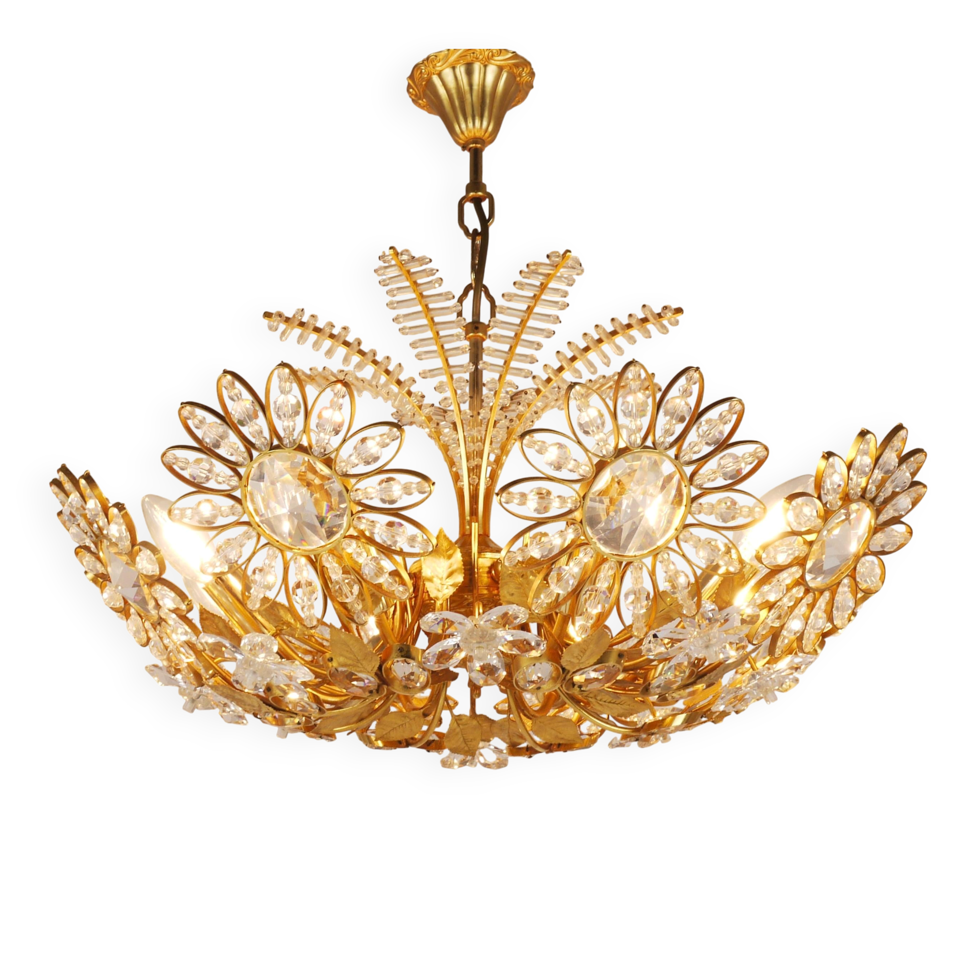 Ernst Palme Grand Chandelier Palm Tree Flower Palwa, Gilded Brass, Crystals, 1970s