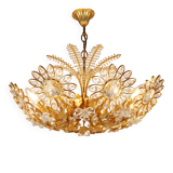 Ernst Palme Grand Chandelier Palm Tree Flower Palwa, Gilded Brass, Crystals, 1970s